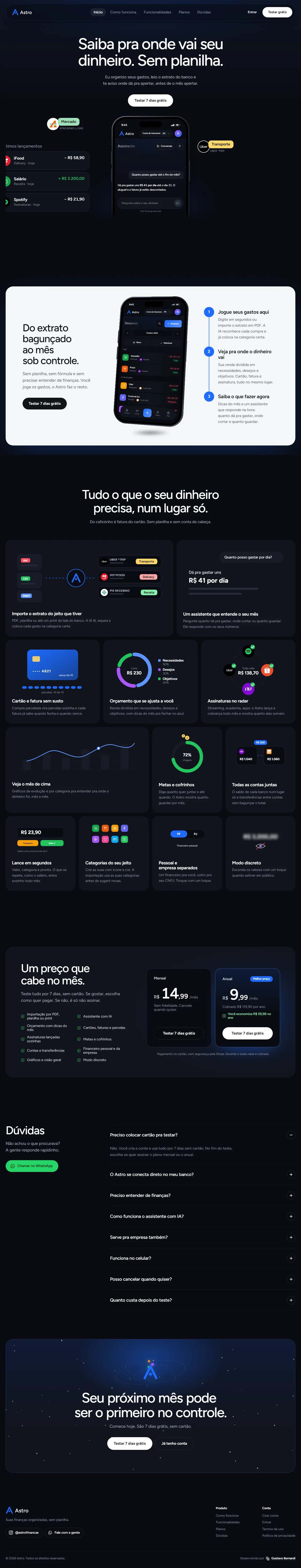 Página do app Astro no computador, do topo ao rodapé