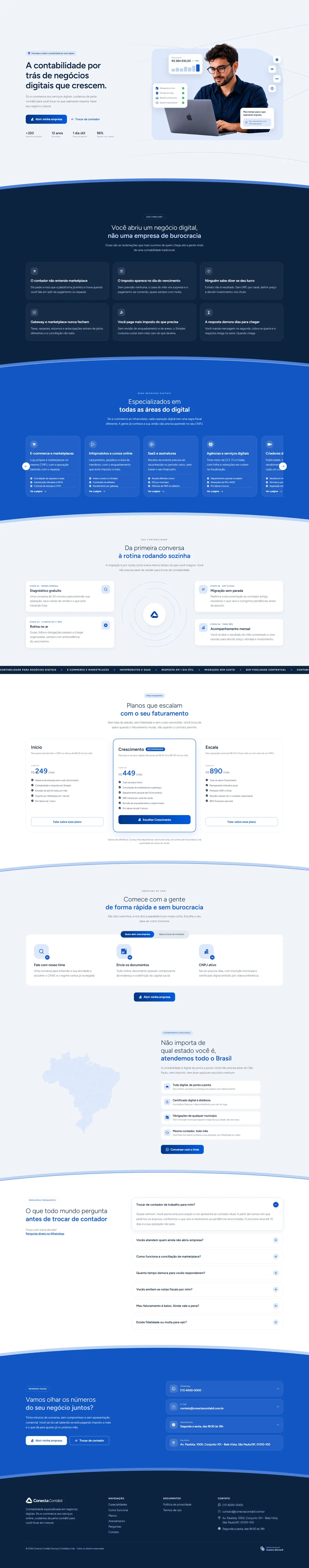 Site da Conecta Contábil no computador, do topo ao rodapé