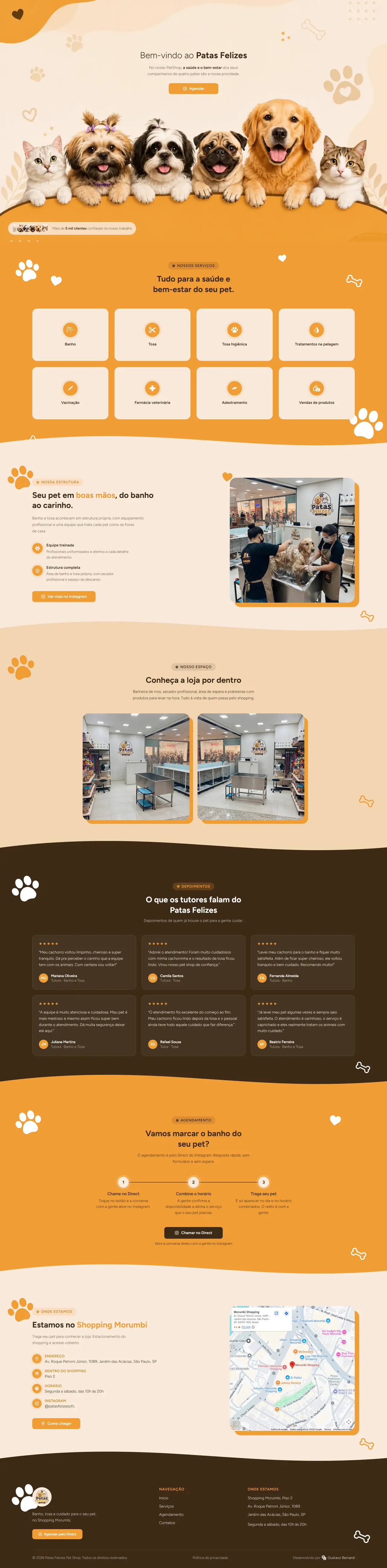 Site do Patas Felizes no computador, do topo ao rodapé