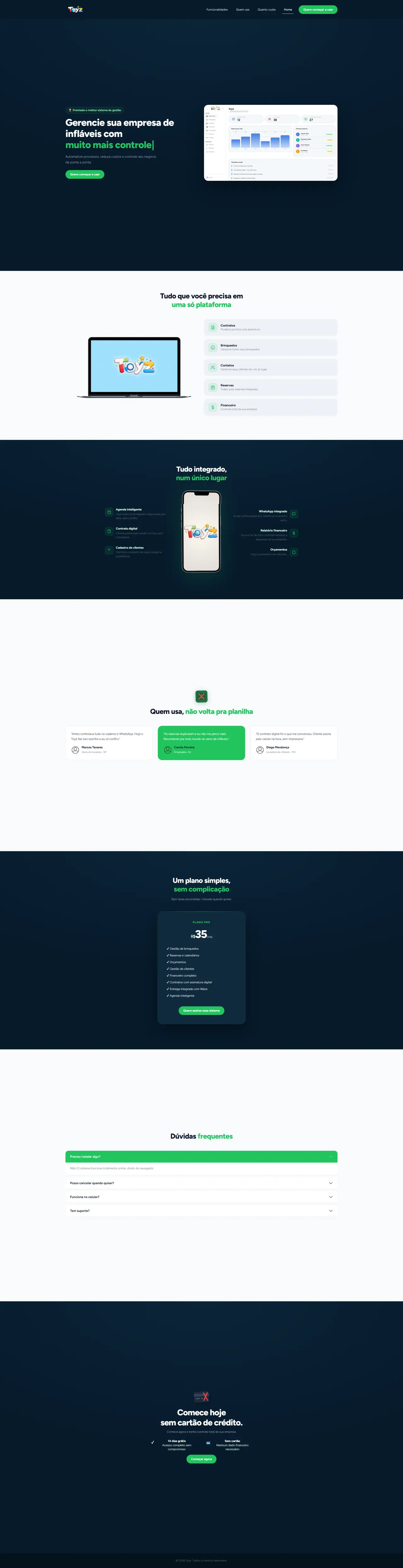 Página do sistema Toyz no computador, do topo ao rodapé